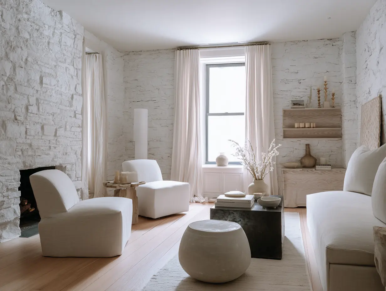 A white apartment room with Plaster walls, linen upholstery, brushed wood, natural stone, ceramic, and layered textiles.
