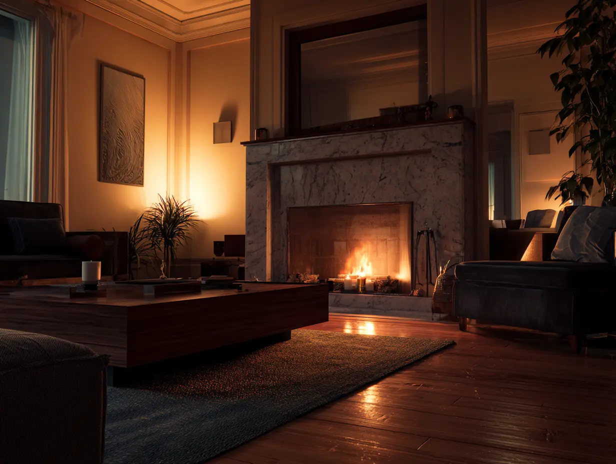 A living room with warm lighting.