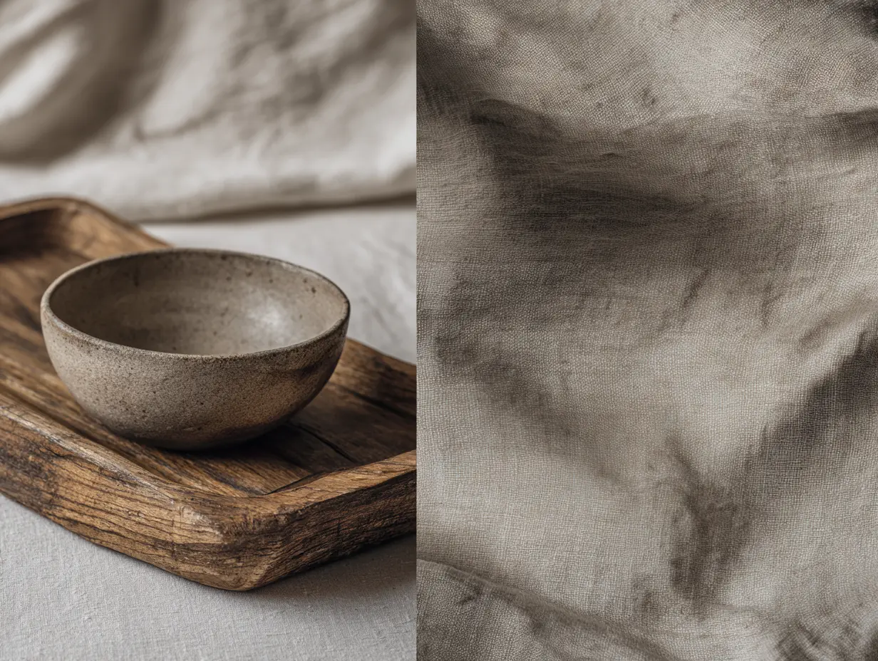 A tactile still-life of interior decor, a rough-hewn unfinished wooden tray on a heavy linen tablecloth, a hand-poured matte ceramic bowl