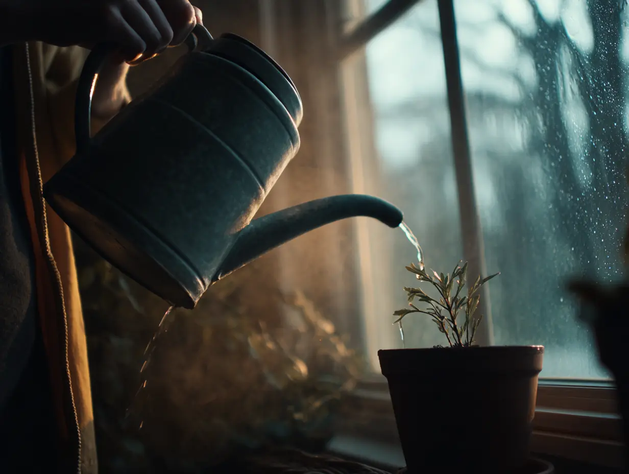 An image of a person watering a small plant during winter.