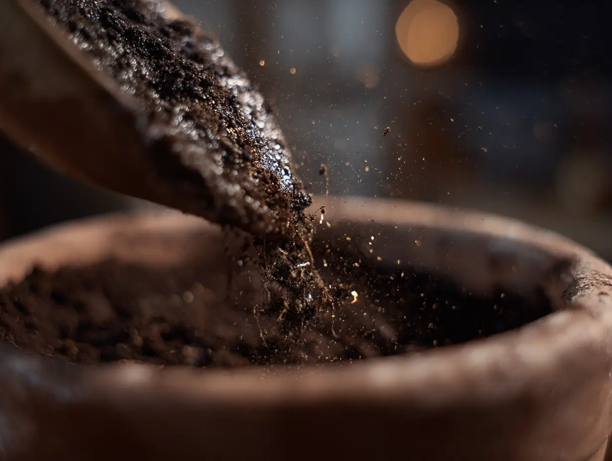 A closeup image of soil being added into a clay pot.