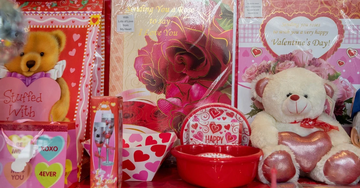 A storefront is displayed with Valentine's Day items on the Upper West Side on February 11, 2021 in New York City.