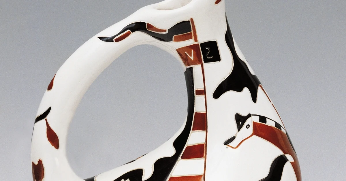 Jug-shaped vase, polychrome ceramic decorated with horse and rider, Laveno manufacture, Italy, 20th century. 
