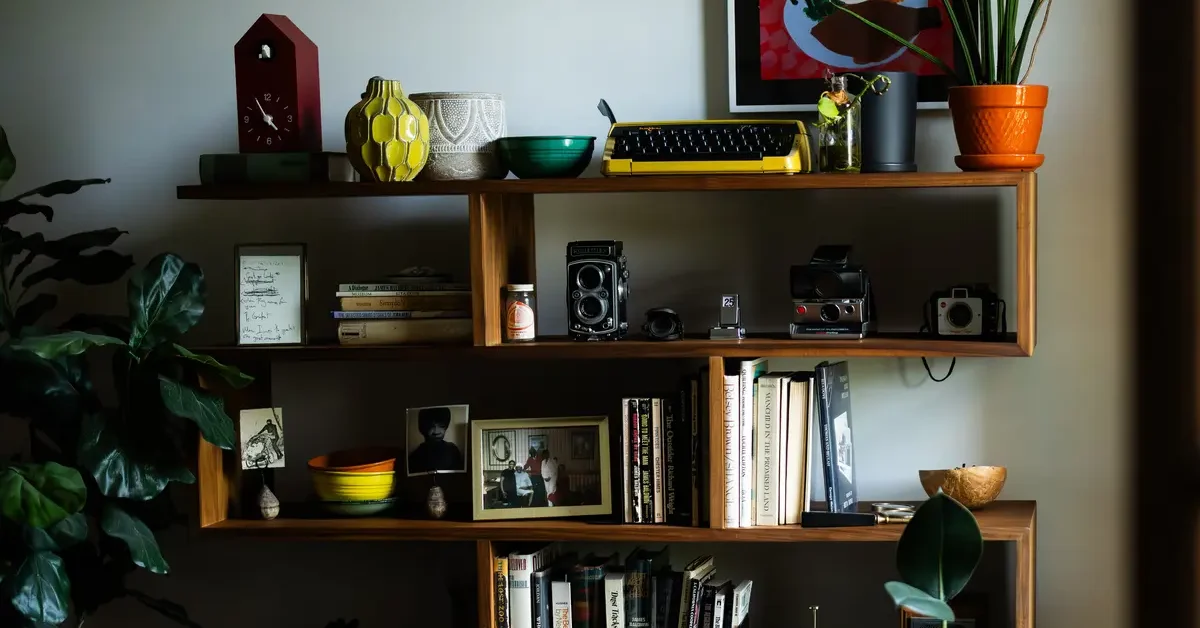 A personalized book shelf in a home.