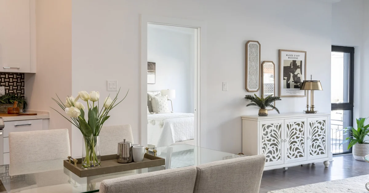 A home set up done in muted whites and creams.