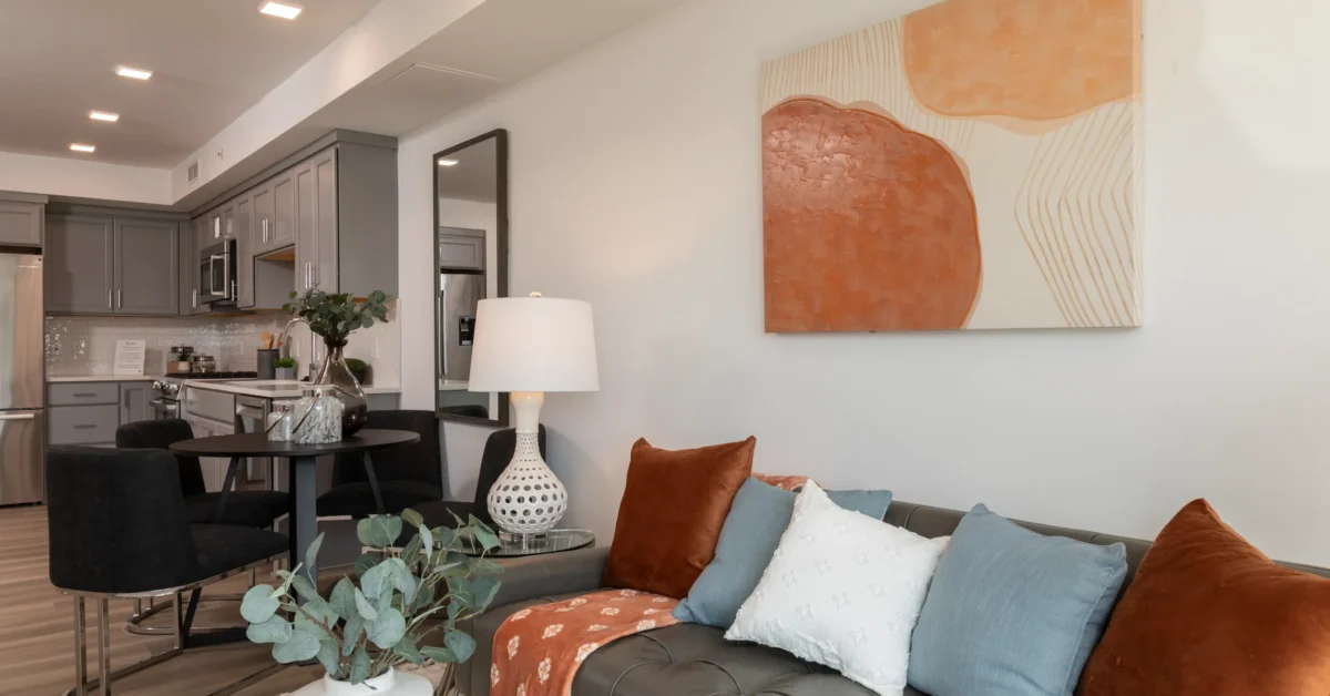 Living room and kitchen with muted decor.