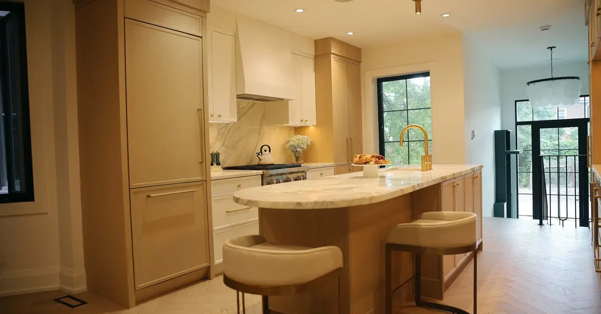 The big island with green marble countertop is a focal point and the kitchen is the heart of the home.