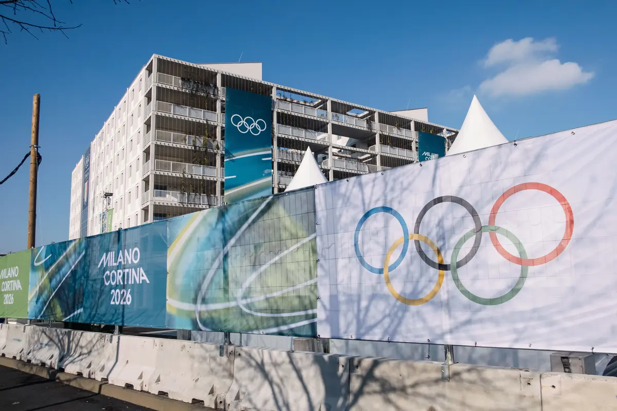 A general view of the Olympic Village one week before the start of the Milano Cortina 2026 Winter Olympics Games in Milan