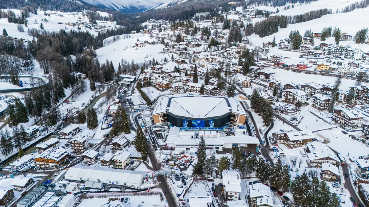 A view of the Cortina Curling Olympic Arena, one of the competition venues for the Milano-Cortina 2026 Winter Olympics, as final preparations continue ahead of the Games&rsquo; official opening on February 05, 2026 in Cortina D'Ampezzo, Italy