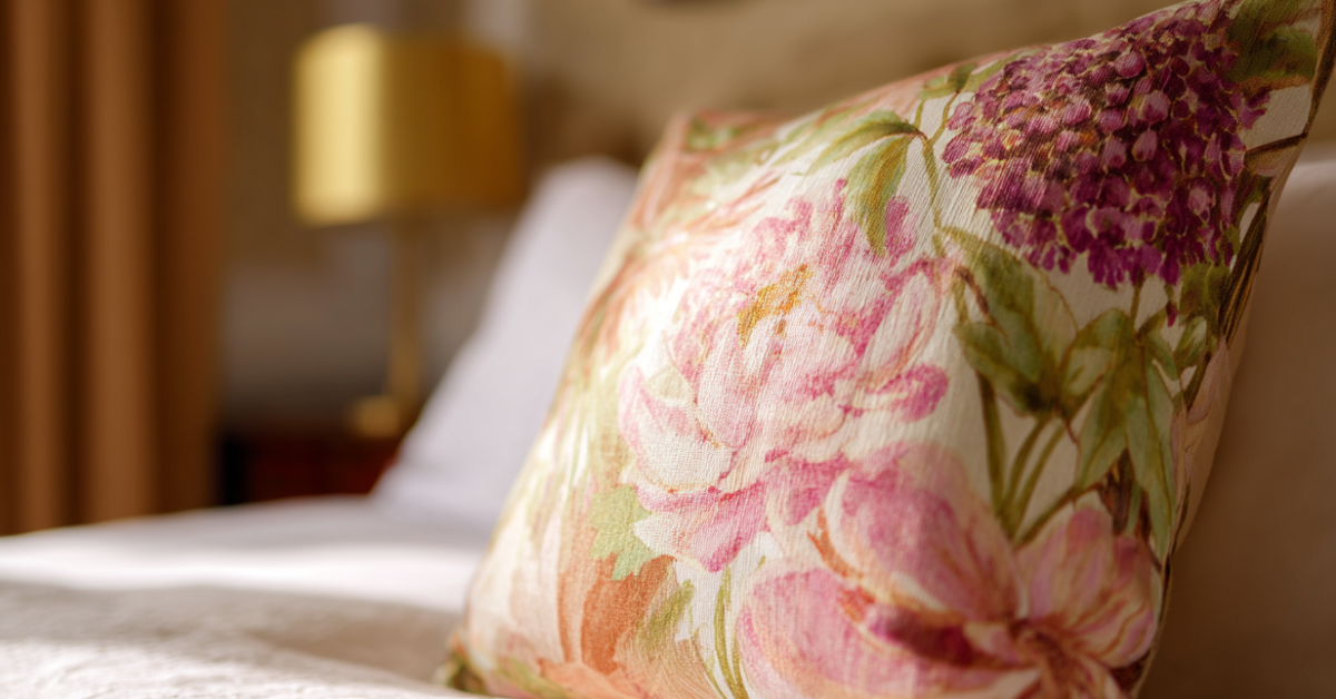 Cinematic shot of a floral cushion cover for a pillow on a bed in a well-lit room.