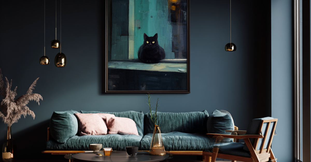 Cinematic realistic shot of a weird modernist painting of a cat unframed and hanging in a modern, chic living room.