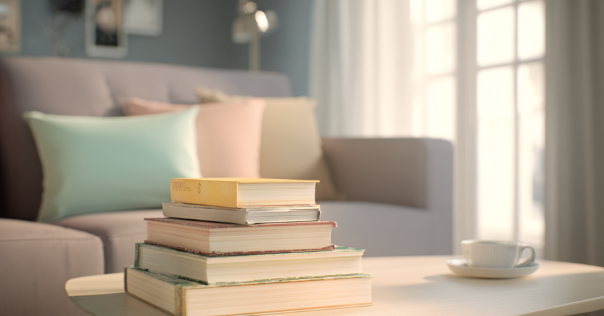 Cinematic shot of a modern weel-lit living room in pastel shades, with a coffee table on which a few vintage books are stacked.