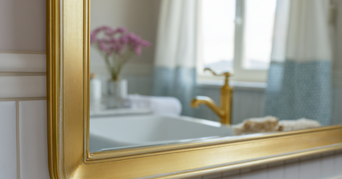 Cinematic shot of a simple mirror with golden edges in a well-lit bathroom in pastel colors.