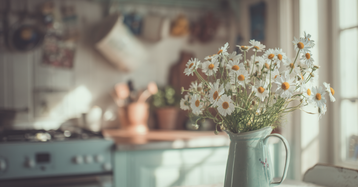 A modern kitchen counter top with a vase of daisies